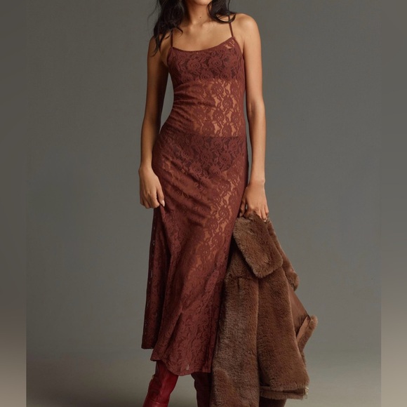 Anthropologie | Dresses | Anthropologie Lace Godet Maxi Slip Dress Cocoa |  Poshmark